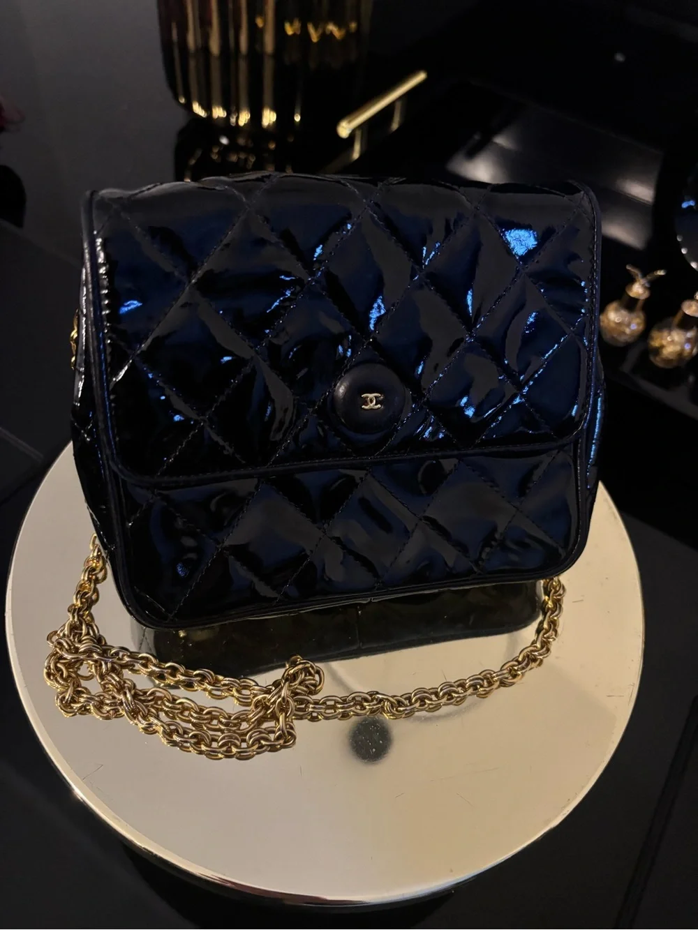 CHANEL Black Patent Quilted Crossbody with Gold Chain